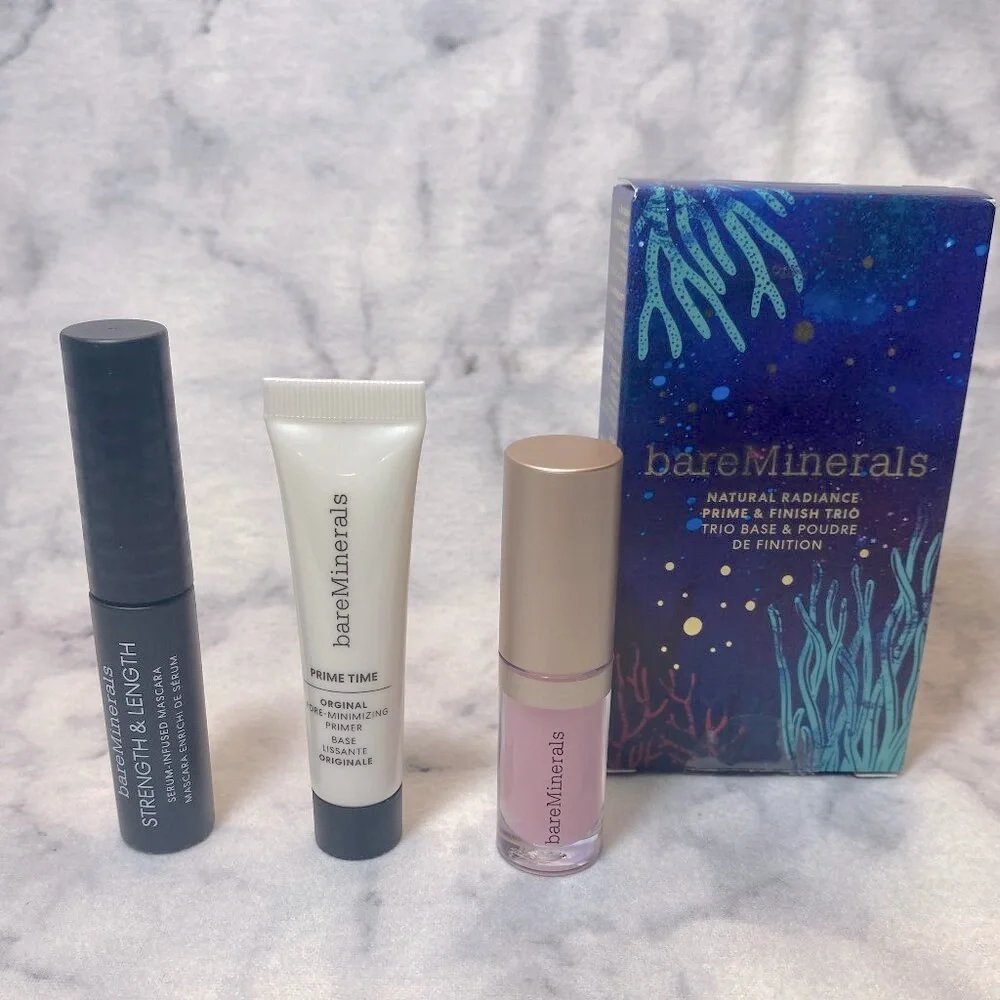 BareMinerals Natural Radiance Prime Set- Primer,Mascara, Lip Gloss-3pc-BOXED-NEW